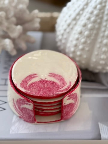 Coastal Red Crab Coasters with a cork base -