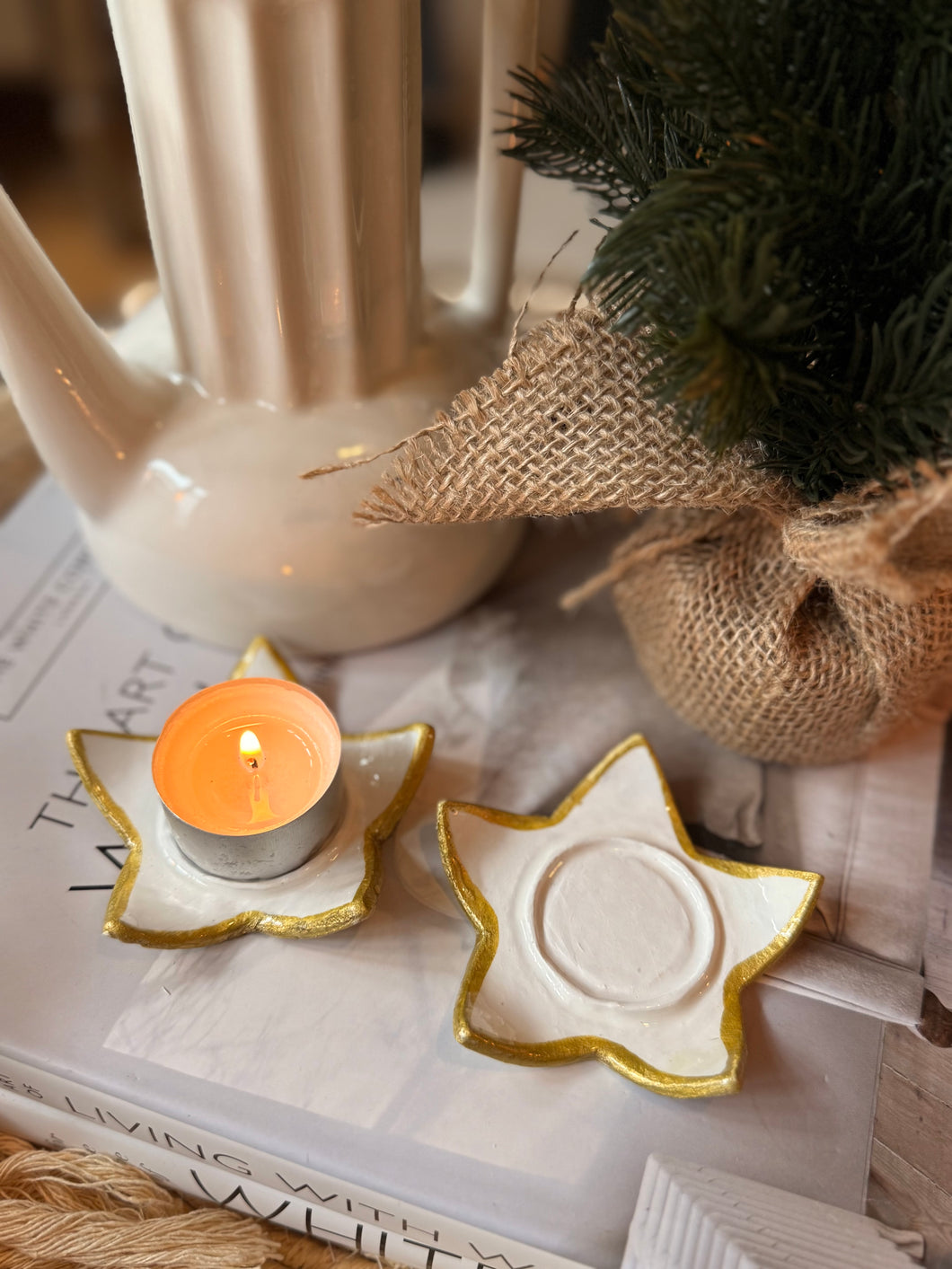 Gold star clay tea light candle holder / handmade Christmas gift