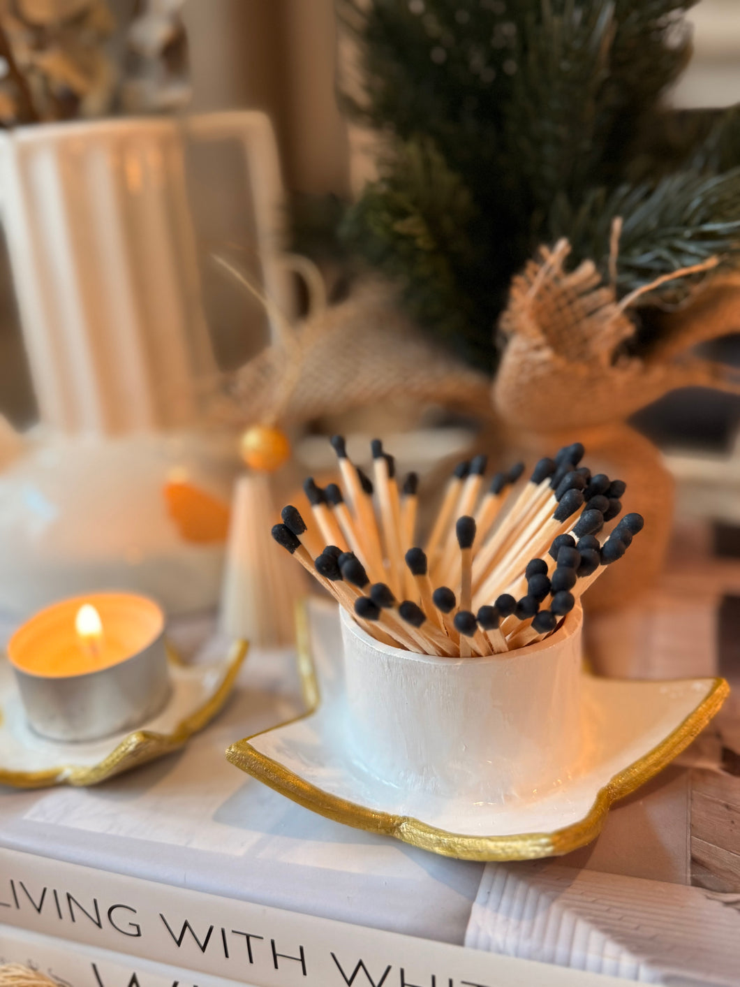 Gold star clay match holder with strike paper / handmade Christmas gift /