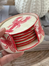 Load image into Gallery viewer, Coastal Red Lobster Coasters with a cork base -